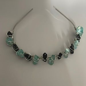 Handmade, crystal point, tiara, crown, in blue and black quartz